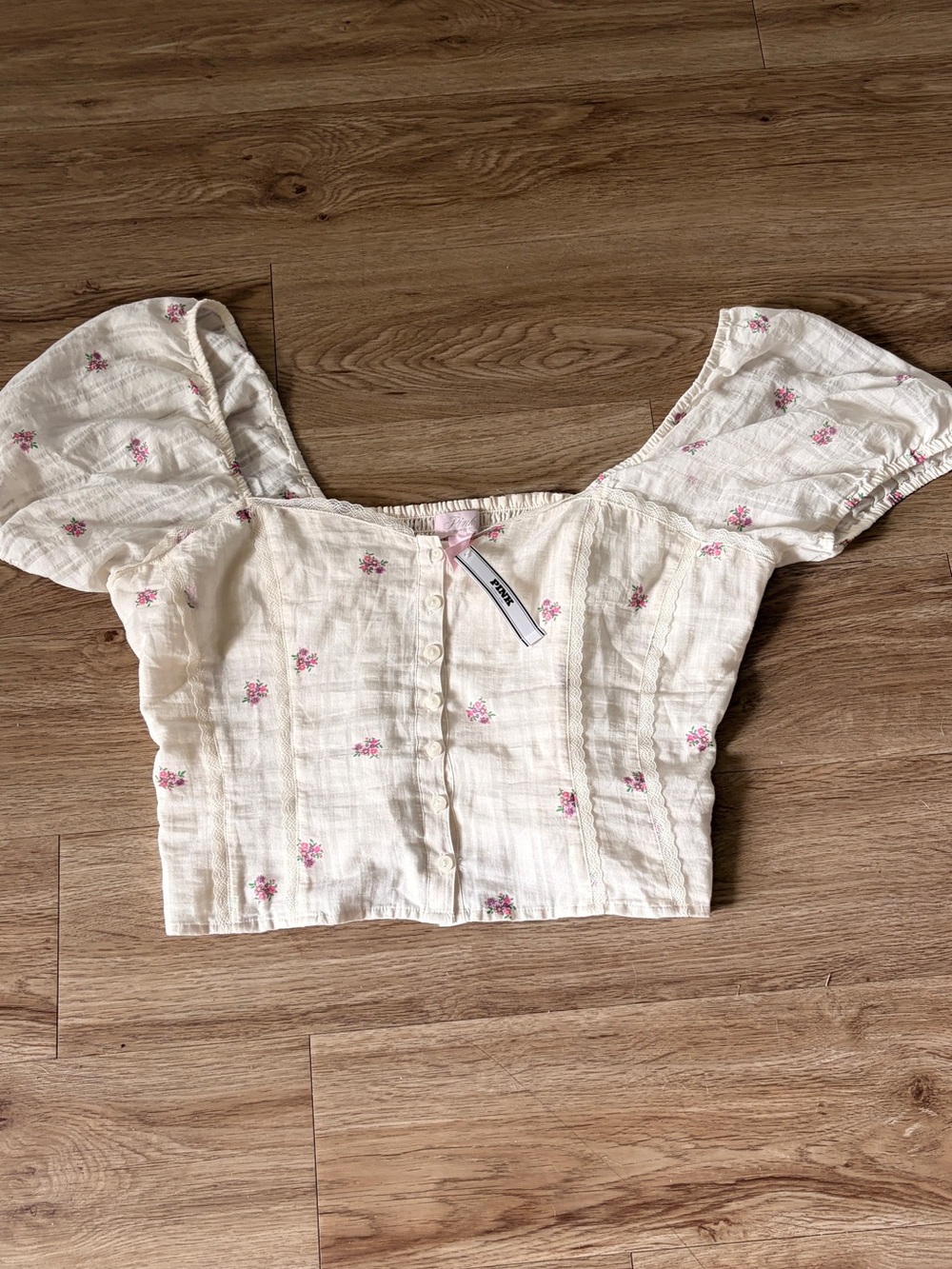 PINK Victoria's Secret Cream Floral Puff-Sleeve Crop Top